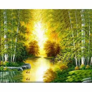 手工家居装饰diy新款5d钻石画客厅竹林小溪 夕阳风景十字绣贴钻画