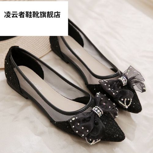 红蜻蜓透气平跟鞋女2022季新款韩版晚晚风豆豆鞋蝴蝶结网纱尖头平底鞋