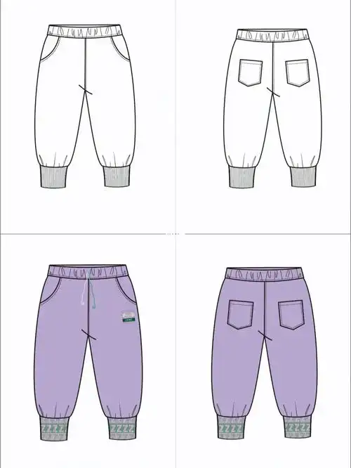 服装款式 裤子正反面款式图 线稿