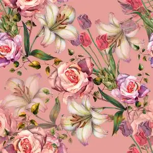 百合和玫瑰在一个无缝的模式.美丽的复古花卉图案壁纸和织物照片