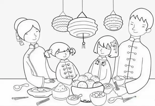 手绘图案一家四口吃饭