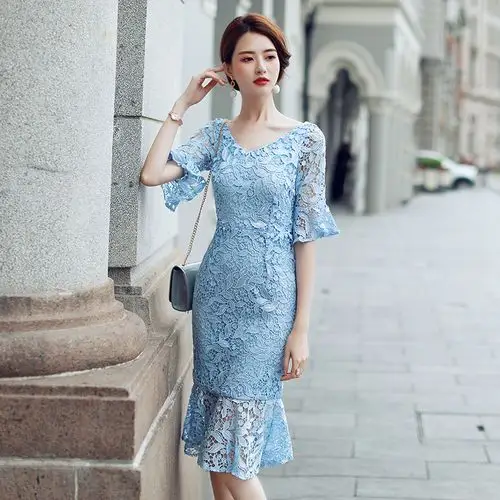 热嘉蕾丝连衣裙2017夏季新款女装韩版修身v领五分袖鱼尾裙中长裙
