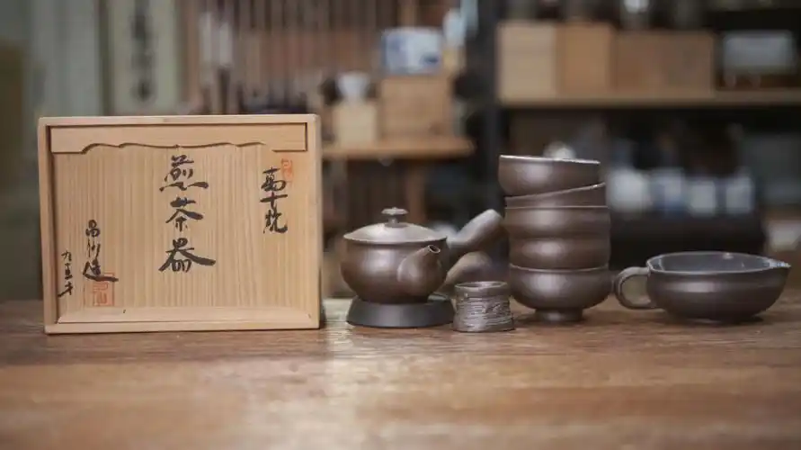 万古烧侧把壶茶器组原共箱