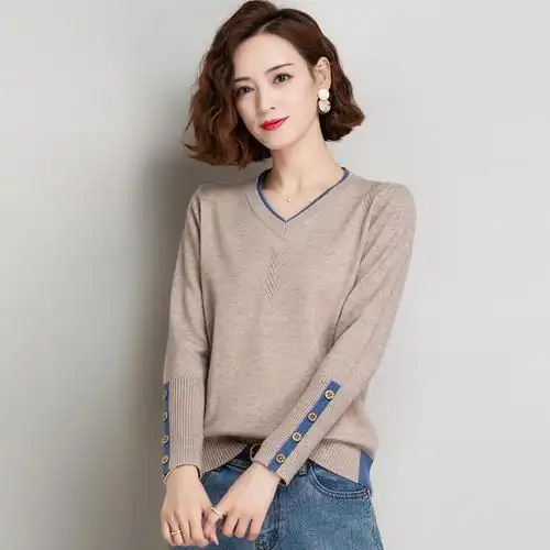 恒源祥羊毛衫女新款v领短款毛衣宽松显瘦外搭秋冬针织打底羊绒衫