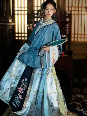 斜塘凤尾马面裙服装暗纹刺绣衣庄斜襟圆领兰辞汉服