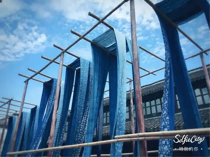 满场晾晒的印花蓝布,随风摇曳,宛如灵动的水乡姑娘.