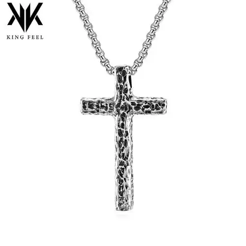 跨境电商复古做旧凹陷捶打纹钛钢十字架项链小众个性男士十字吊坠