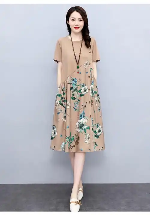 高档棉麻连衣裙女夏2022新款复古印花胖mm遮肉显瘦宽松休闲a字… - 17