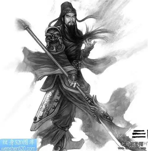 一幅黑白关公纹身手稿作品