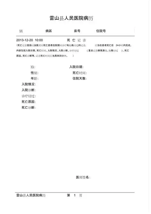 死亡记录病历书写模板