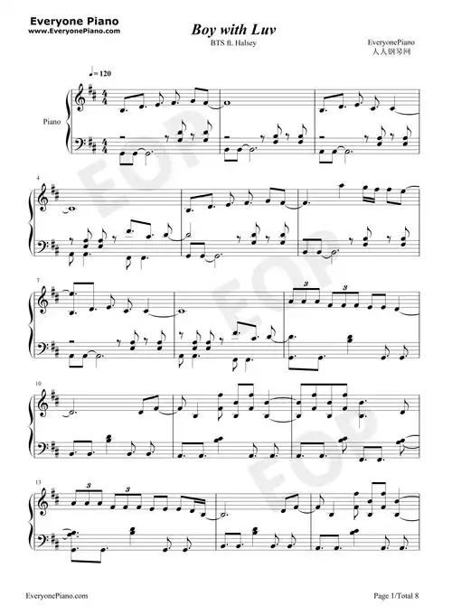 boy with luv-bts和halsey-钢琴谱文件(五线谱,双手简谱,数字谱,midi