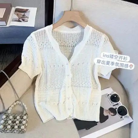 实拍 夏季新款纯色开衫女短袖针织衫薄款外搭短款小外套披肩上衣 - 17