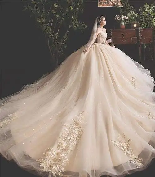 礼服2021新款新娘气质拖尾高端奢华长袖婚纱奢华重工拖尾婚纱一字肩