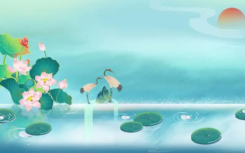 视频素材丨国潮中国风日暮荷塘仙鹤戏水背景视频
