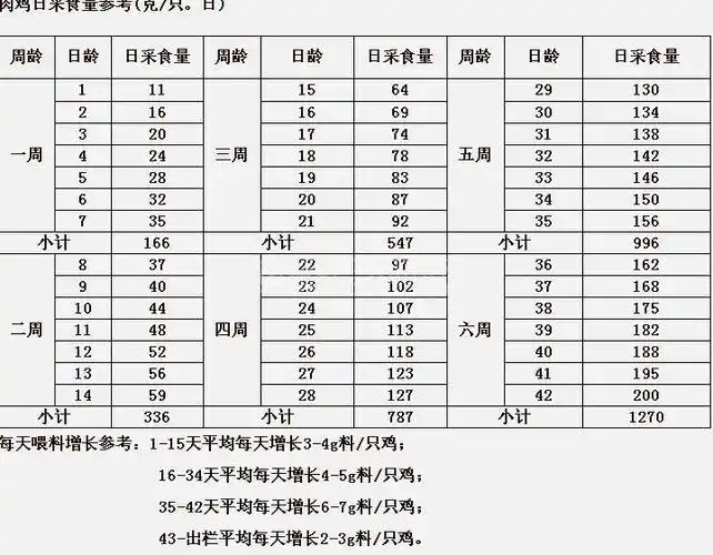 肉鸡采食量参照表