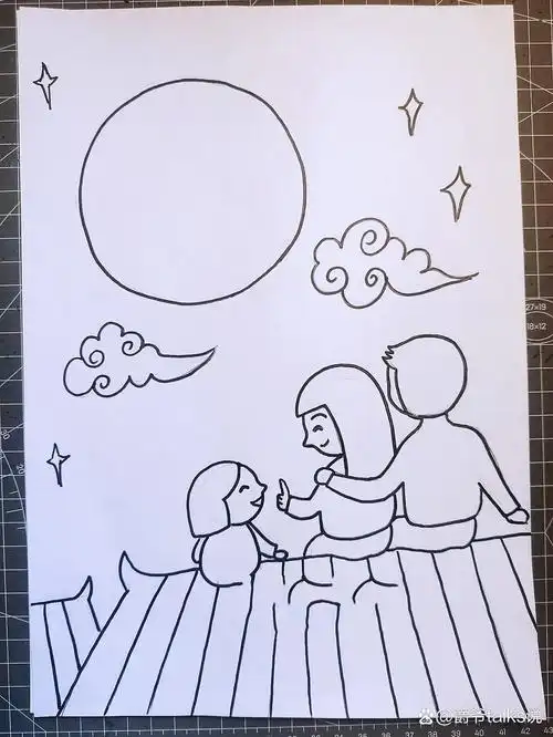 中秋赏月 范画 剪下来贴在黑卡纸上