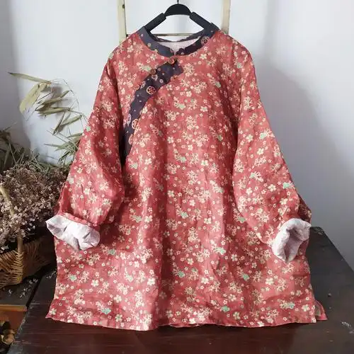 春夏亚麻数码印花原创偏襟钉扣毛边衬衫国风上衣宽松复古新