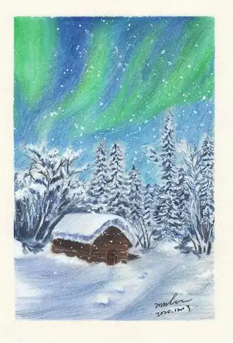 彩铅风景10雪夜极光