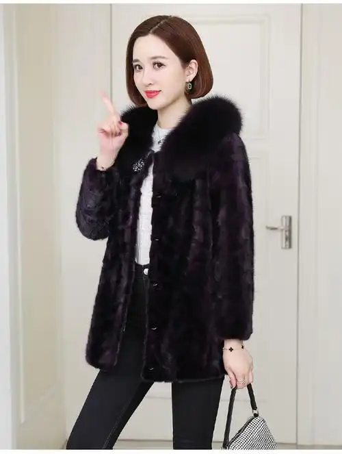 尊首 欧洲站皮草大衣女中长款貂皮大衣海宁水貂毛狐狸毛领裘皮大衣