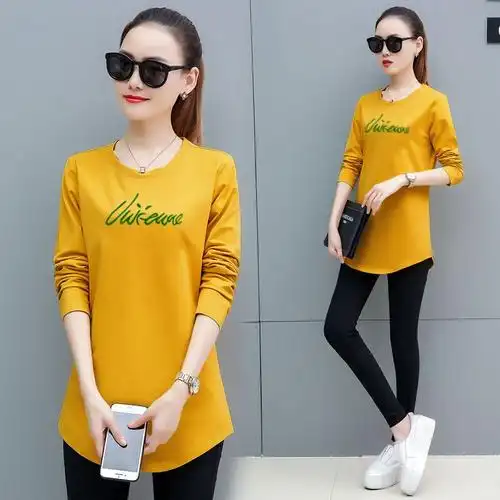 宽松中长款长袖t恤女2019春夏装新款大码女装打底衫女士上衣服