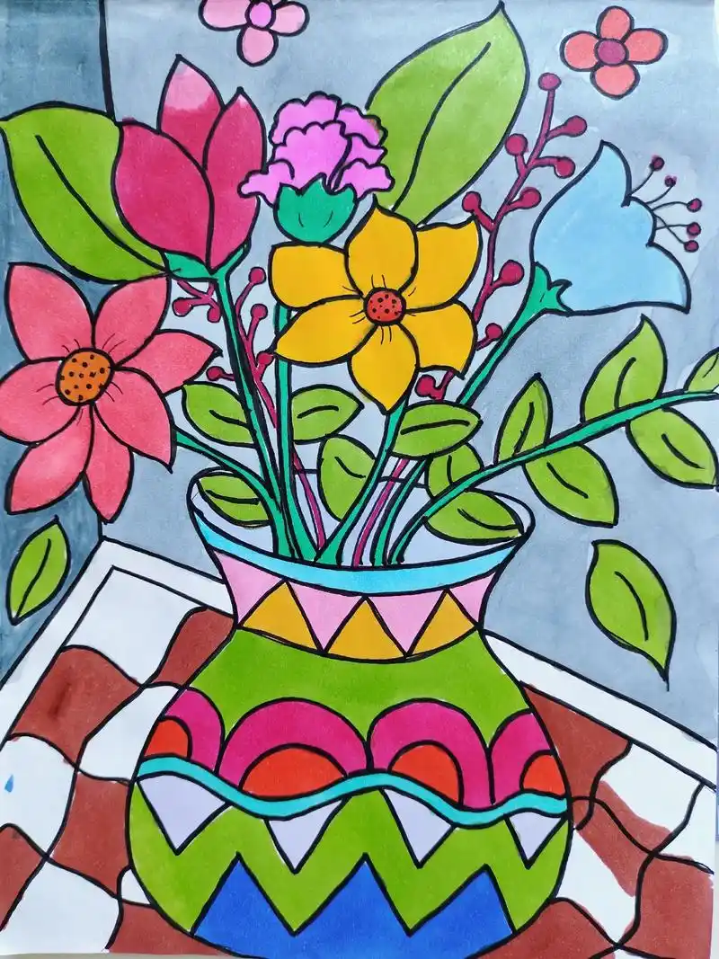 《花与花瓶》简笔画 适合六岁以上小朋友绘画噢～9494 今日 - 抖