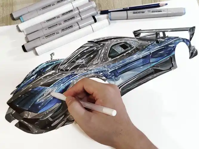 马克笔彩铅手绘 汽车手绘 帕加尼zonda r 蓝碳|插画|艺术插画|班沙