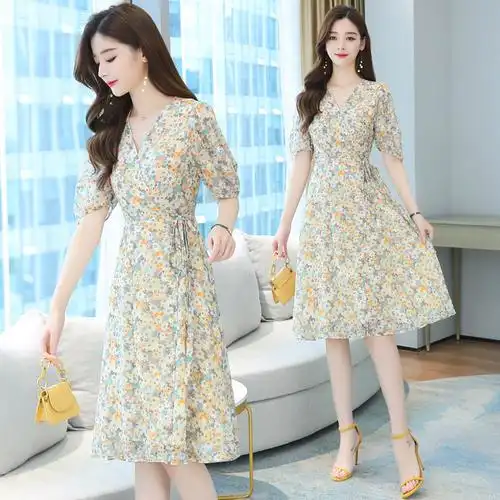 2021夏季新款v领油墨碎花雪纺连衣裙女,女装连衣裙,时尚风爆