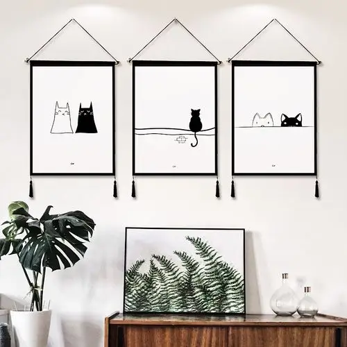 黑白卡通布艺挂画电表箱遮挡画儿童房装饰壁挂沙发背景布挂毯