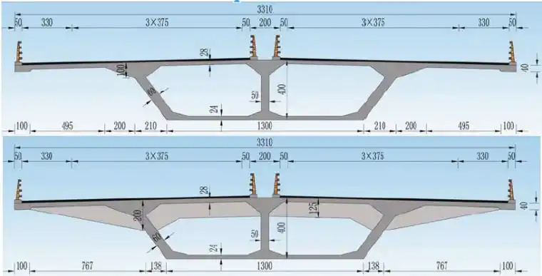 (2) 主梁构造及安装 主梁推荐采用单箱双室带肋大悬臂整幅梁,梁高4m