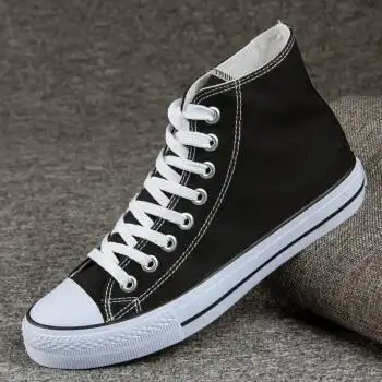人本男鞋韩版百搭经典款高帮帆布鞋男学生休闲鞋黑色板鞋平底布鞋