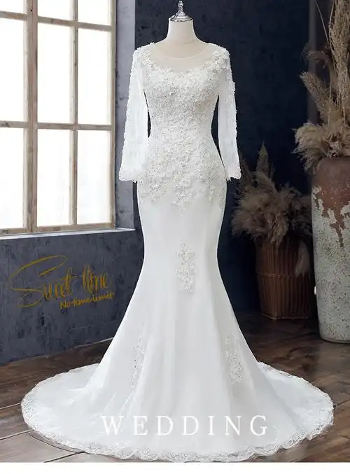 法式婚纱2022新款新娘圆领修身鱼尾礼服小拖尾简约森系结婚婚纱女