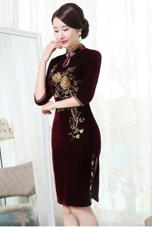 金丝绒旗袍手工钉珠长款中长袖中老年礼服妈妈唐装连衣裙修身改良