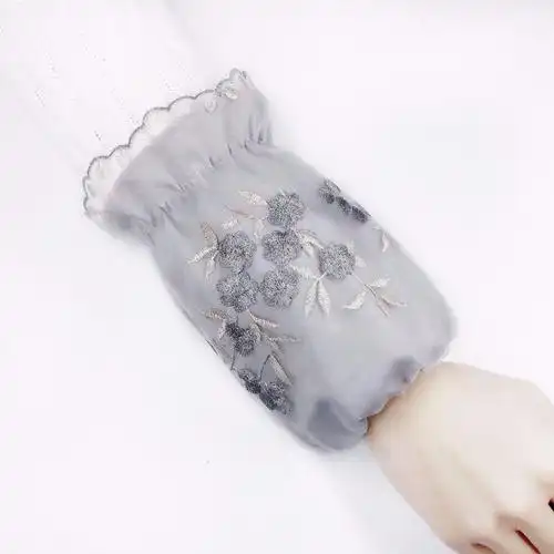 服袖套韩版纱蕾丝袖套女士服可戴短款学生防污冬办公袖筒1双雪牙色