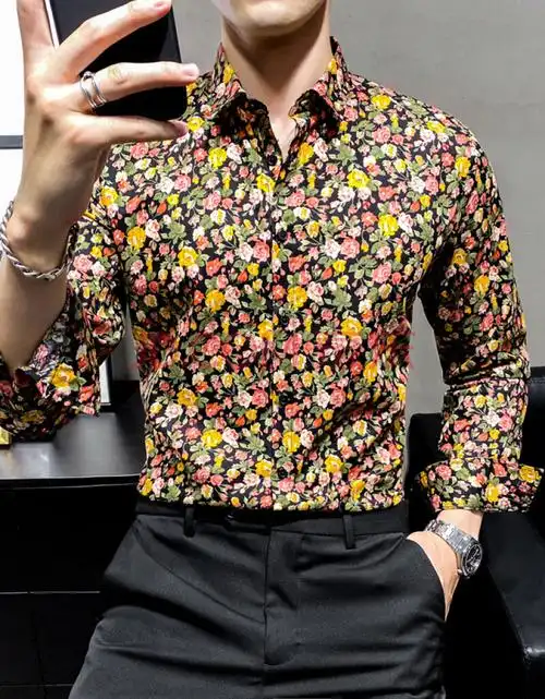 新款男装长袖花衬衫 休闲大码修身男士花衬衫衬衣潮 黄色 4xl
