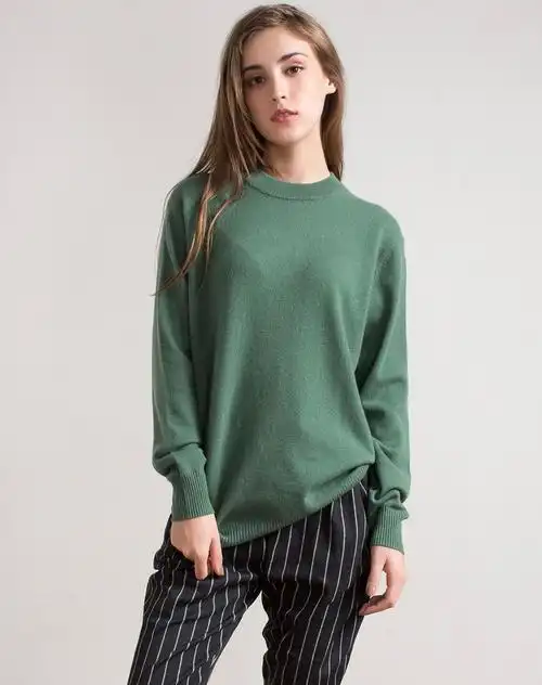 大码女款灰绿净色圆领纯羊绒套衫