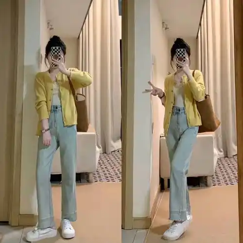 喜欢温柔感穿搭的女生,荧光色扎染针织衫搭配浅蓝色高腰牛仔阔腿裤