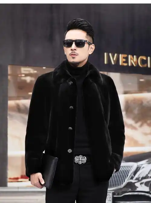 yuansu男士貂绒翻领纽扣款貂皮大衣男社会人青年精小伙貂皮外套男装潮