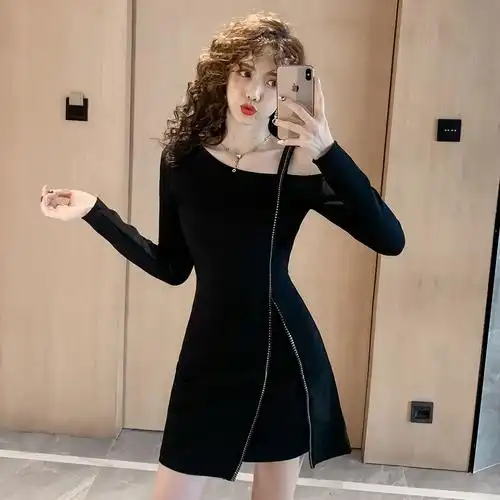 秋装新款轻熟风气质御姐女装气质收腰显瘦斜漏肩性感气质连衣裙子