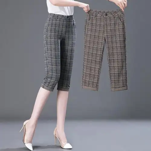 夏季女士裤薄款七分小脚新款格子显瘦弹力女裤休闲裤
