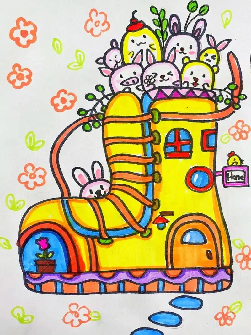 鞋子儿童画 #马克笔# #卡通画# #儿童画# #鞋屋