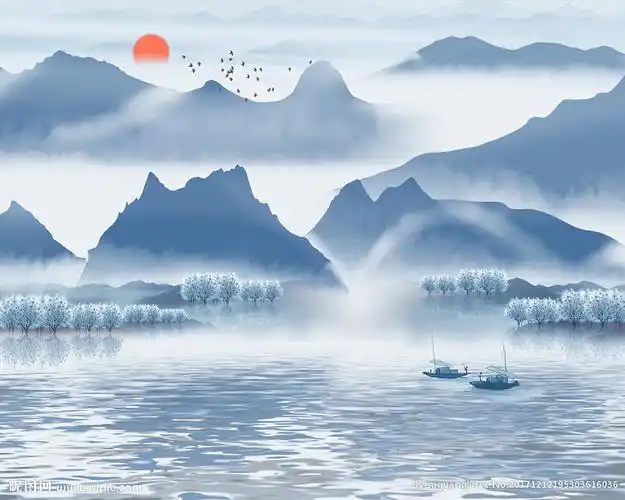 新中式水墨山水意境画电视背景墙图片