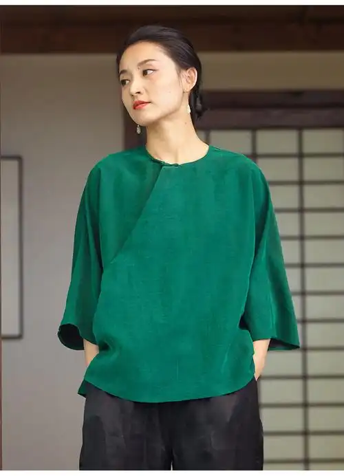 zx 20326斜襟系带纯色龟裂纹香云纱小衫上衣