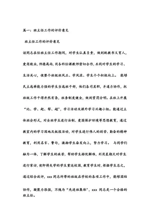 班主任工作评语