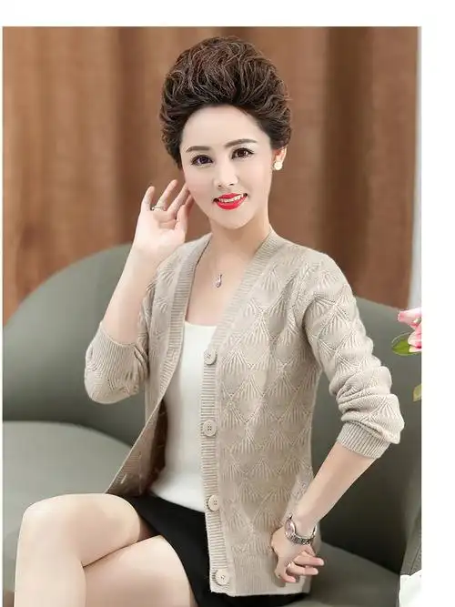 恒源祥彩羊中老年女装春秋新品薄款针织开衫40-50岁大码妈妈装毛衣