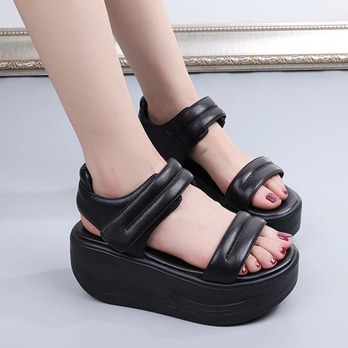 女凉鞋2020新款时尚网红夏季真皮松糕厚底粗跟百搭魔术贴罗马鞋潮