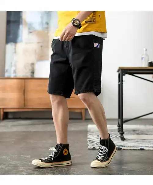 19212p55宽松日系牛仔短裤男牛仔裤五分裤韩版哈伦老爹短裤潮-网商园