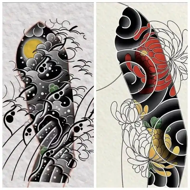 七分袖传统花臂素材.#手稿分享 #日式老传统 #花臂 #郑州 - 抖音