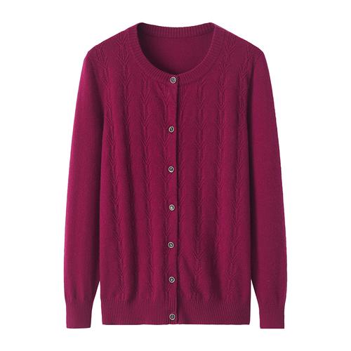 中老年羊绒衫女士圆领提花针织对襟开口休闲毛衣秋冬保暖纯色外套