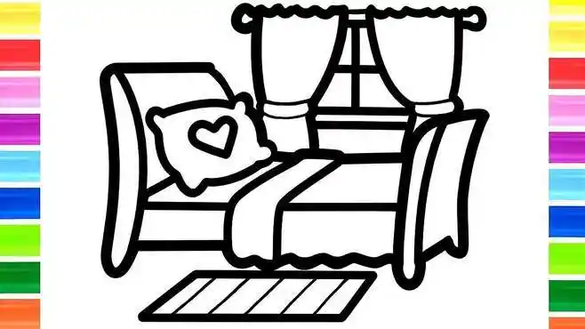 一幅超级好看的卧室简笔画教程,画中不仅有床,还有好看的落地窗