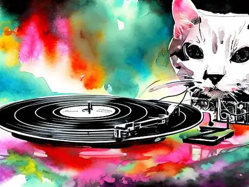 黑胶唱片机,猫半身,泼墨风格,水彩画,插画
